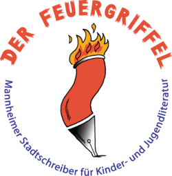 Vergrößerte Ansicht von Prominent oben der Schriftzug &quot;Der Feuergriffel&quot;, darunter kleiner &quot;Mannheimer Stadtschreiber für Kinder und Jugendliteratur&quot;. Die Schrift ist kreisförmig angeordnet. In der Mitte des Kreises findet sich ein großer Stift mit Flammen im Comicstil.