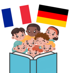 Vergrößerte Ansicht von Eine Illustration im Comic-Stil. Hinter einem hellblauen, aufgeschlagenen Buch acht vergnügte Kinderköpfe. Über ihnen die französische und die deutsche Flagge.