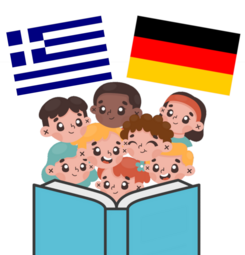 Vergrößerte Ansicht von Eine Illustration im Comic-Stil. Hinter einem hellblauen, aufgeschlagenen Buch acht vergnügte Kinderköpfe. Über ihnen die griechische und die deutsche Flagge.