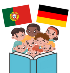 Vergrößerte Ansicht von Eine Illustration im Comic-Stil. Hinter einem hellblauen, aufgeschlagenen Buch acht vergnügte Kinderköpfe. Über ihnen die portugiesische und die deutsche Flagge.