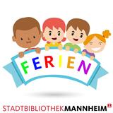 Kinder im Comicstil halten eine Bandarole hoch mit dem bunten Schriftzug "Ferien".