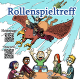 Eine Illustration im Comic-Stil zeigt einen Spielleiter und vier Mitspielende beim Pen-und-Paper-Rollenspiel. Darüber ein fliegendes Fabelwesen, das mitsamt der Mitspielenden in ihren Fantasy-Rollen herabstößt.