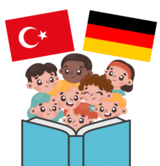 Eine Illustration im Comic-Stil. Hinter einem hellblauen, aufgeschlagenen Buch acht vergnügte Kinderköpfe. Über ihnen die türkische und die deutsche Flagge.