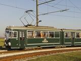 Eine alte Straßenbahn - bedruckt mit dem Eichbaum-Bier-Symbol - fährt an einem sonnigen Tag auf Schienen.